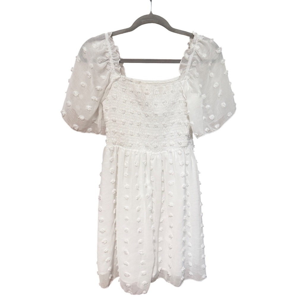 Exlura Mini Babydoll Dress Swiss Dot Smocked M‎ White Excellent Cottagecore